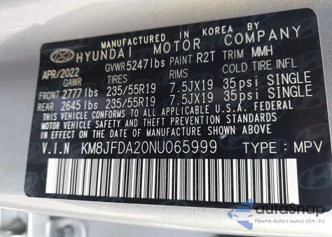 2022 Hyundai Tucson Plug-In Hybrid Limited из США, поврежденный, VIN KM8JFDA20NU065999